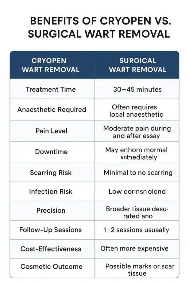 Table showing the benefits of cryopen to remove warts Folkestone compared to surgical treatment